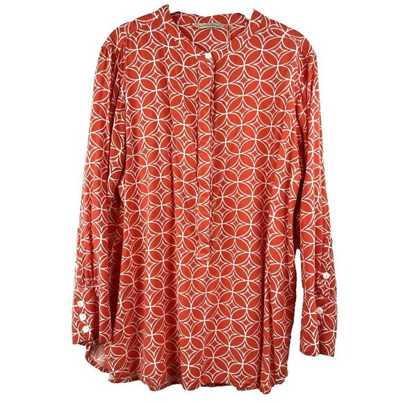Soft Surroundings Top Blouse Large 3/4 Sleeve Geometric Orange White Pullover - Picture 1 of 8